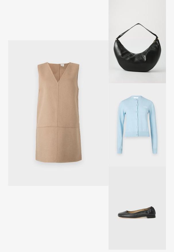 Hellblauer Cardigan aus weichem Stoff mit Rundhalsausschnitt, Knopfleiste vorne sowie gerippten Bündchen an Ärmelenden und Saum. Auf der Brust befindet sich ein gesticktes Logo.; Ärmelloses beiges Kleid mit V-Ausschnitt, das einen strukturierten Stoff und ein Paneeldesign aufweist. Minimalistische Silhouette und saubere Nähte.; Schwarz Leder Ballerinas mit runder Zehenpartie und minimaler Naht. Niedriger, rechteckiger Absatz und glatte Textur. Dezente Innenfutterdetails.; Schwarze Leder-Schultertasche mit geschwungener Form, weicher Textur und einem einzelnen Riemen; verfügt über einen goldenen Reißverschluss und dezente Markenkennzeichnung.