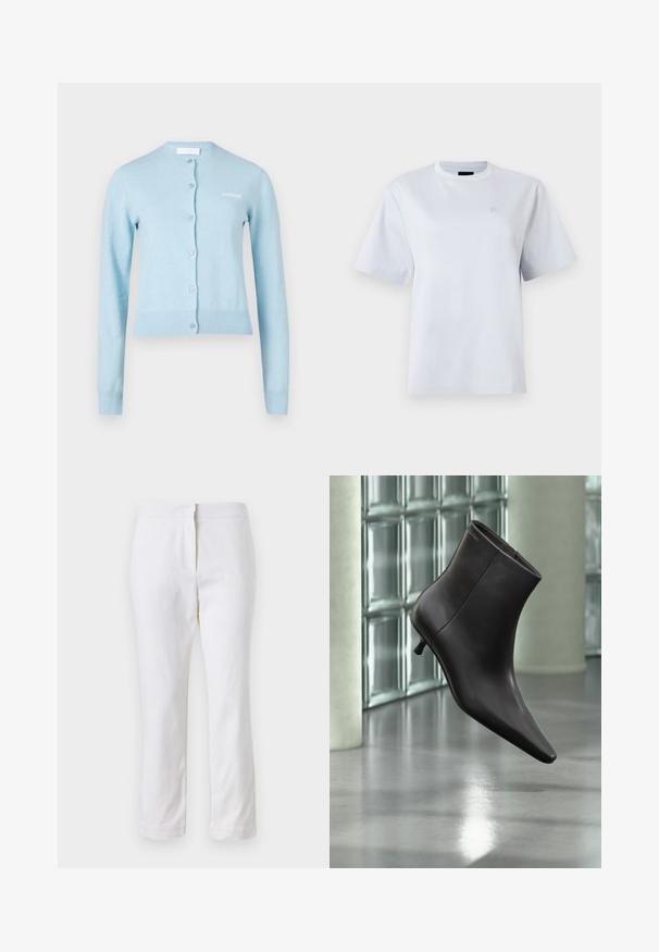 Hellblauer Cardigan aus weichem Stoff mit Rundhalsausschnitt, Knopfleiste vorne sowie gerippten Bündchen an Ärmelenden und Saum. Auf der Brust befindet sich ein gesticktes Logo.; Weißes T-Shirt mit kurzen Ärmeln und Rundhalsausschnitt mit kleinem gesticktem Logo auf der linken Brust.; Weiße Baumwollhose mit geradem Bein, mittelhoher Taille und ohne sichtbare Beschläge oder Muster. Glatte Textur auf der gesamten Fläche.; Schwarzer Leder-Knöchelstiefel mit spitzer Spitze und kleinem Absatz vor einer Wand aus Glasbausteinen und einem polierten Boden.