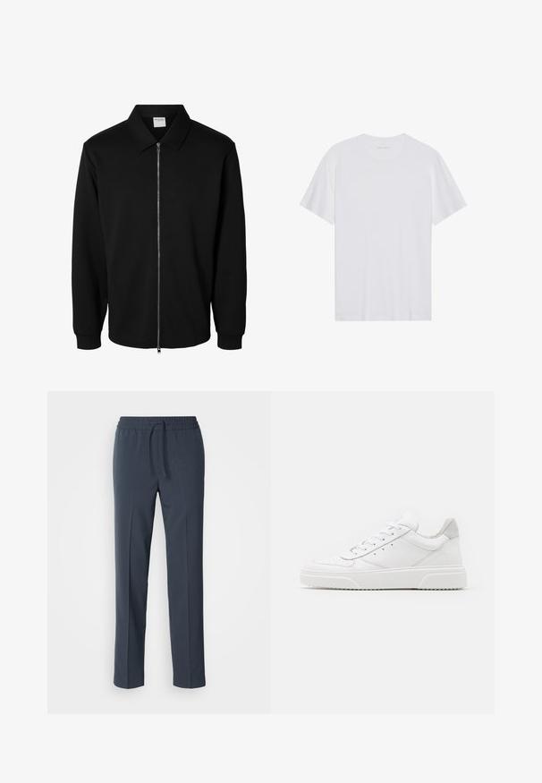 Zwarte jas met lange mouwen, rits en kraag, metalen rits aan de voorkant en geribde manchetten, weergegeven op een witte achtergrond.; Witte katoenen T-shirt met korte mouwen, een ronde hals en een gladde textuur. Heeft minimale branding op de halslijn.; Marineblauwe, lichtgewicht broek met een trekkoord in de taille, rechte pijpen en een gladde textuur. Geen patronen of accenten zichtbaar.; Witte leren sneakers met een gladde afwerking, ronde neus, platte veters en een gestructureerde zool. Grijze suède accent bij de hiel.