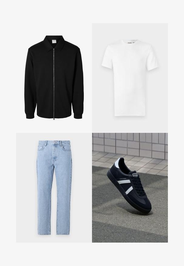 Schwarze langärmlige Jacke mit Reißverschluss und Kragen, vorderem Metallreißverschluss und gerippten Bündchen, auf weißem Hintergrund dargestellt.; Ein schlichtes weißes T-Shirt mit kurzen Ärmeln und Rundhalsausschnitt, mit einem kleinen Markenetikett im Krageninneren, auf weißem Hintergrund dargestellt.; Helle blaue Denim-Jeans mit geradem Schnitt, fünf Taschen und einem Knopfverschluss. Weiche Textur mit klassischem, ausgebleichtem Finish.; Schwarze Leder-Sneaker mit weißen Streifen, strukturiertem Gummisohle und Schnürung. Verfügt über ein Markenetikett auf der Zunge.