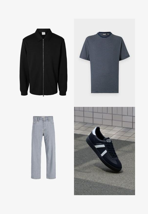 Schwarze langärmlige Jacke mit Reißverschluss und Kragen, vorderem Metallreißverschluss und gerippten Bündchen, auf weißem Hintergrund dargestellt.; Marineblaues kurzärmeliges T-Shirt mit dünnen weißen horizontalen Streifen und rundem Ausschnitt vor einfarbigem Hintergrund.; Helle blaue Jeans aus Denim mit lockerer Passform, geradem Bein, sichtbaren Nähten, zwei vorderen Taschen und einem Knopfverschluss.; Schwarze Leder-Sneaker mit weißen Streifen, strukturiertem Gummisohle und Schnürung. Verfügt über ein Markenetikett auf der Zunge.