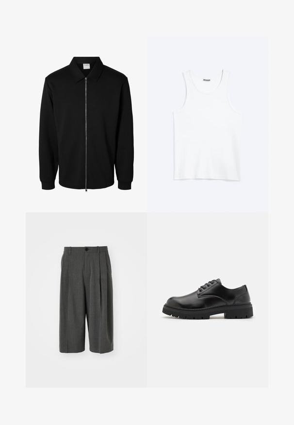 Veste noire à manches longues avec fermeture éclair, col, zip métallique à l'avant et poignets côtelés, présentée sur fond blanc.; Débardeur blanc sans manches avec col rond et étiquette de la marque Weekday à l'intérieur du col arrière, présenté à plat sur un fond clair.; Shorts larges à rayures gris avec fermeture à bouton et plissé à l'avant. Fabriqués à partir d'un tissu texturé, présentant un design ajusté.; Chaussures en cuir noir avec un bout rond, un laçage et une semelle en caoutchouc épaisse et texturée. Présente des coutures le long du bord et une finition lisse.