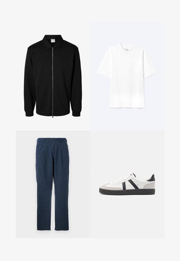 Chaqueta negra de manga larga con cremallera y cuello, cremallera metálica frontal y puños acanalados, mostrada sobre fondo blanco.; Camiseta lisa blanca de manga corta y cuello redondo con un corte relajado, mostrada sobre un fondo claro.; Pantalones azul oscuro hechos de tejido texturizado, con pliegues, un cierre de botón y un diseño de pierna recta.; Zapatilla blanca con acentos en negro y gris, que presenta una puntera texturizada en gris, suela de goma negra y cordones planos blancos. Diseño limpio, estilo minimalista.