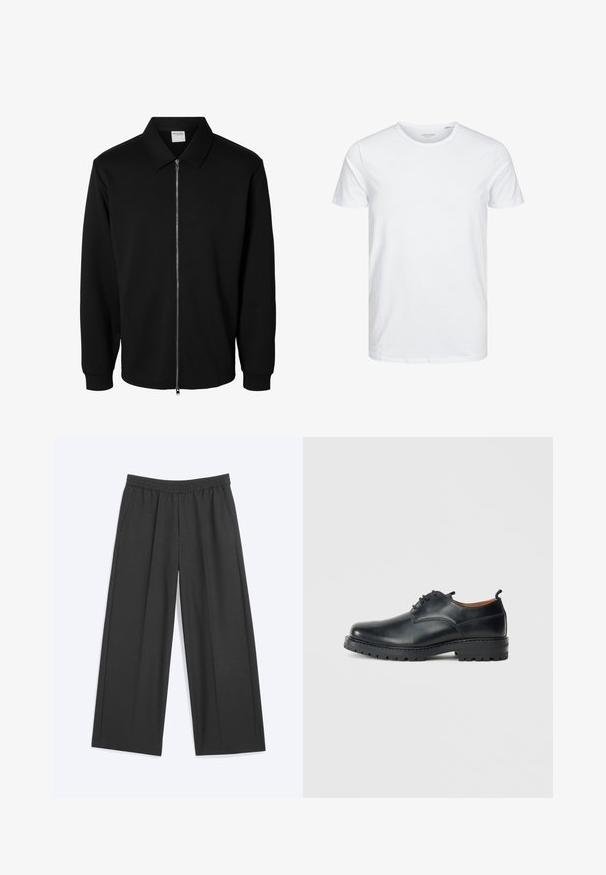 Schwarze langärmlige Jacke mit Reißverschluss und Kragen, vorderem Metallreißverschluss und gerippten Bündchen, auf weißem Hintergrund dargestellt.; Rundhals-T-Shirt mit kurzen Ärmeln in reinem Weiß, aus weicher Baumwolle, mit einem schlichten Design ohne sichtbare Muster oder Akzente.; Schwarze weit geschnittene Hose mit elastischem Bund und Seitentaschen, flach auf einem einfarbigen Hintergrund ausgebreitet.; Schwarze Leder Derby-Schuhe mit glatter Textur, runder Zehenform, Schnürdesign und einer dicken, robusten Gummisohle.