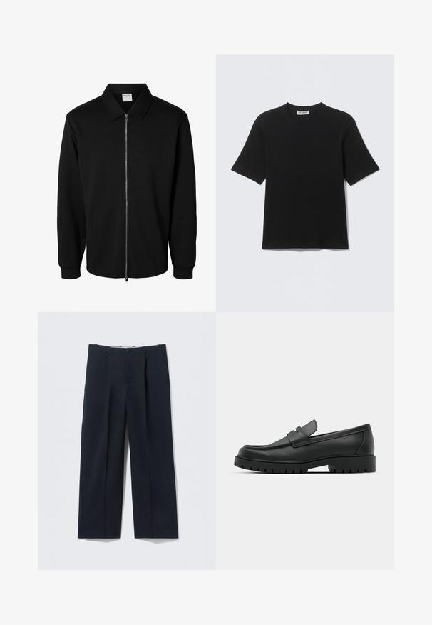 Schwarze langärmlige Jacke mit Reißverschluss und Kragen, vorderem Metallreißverschluss und gerippten Bündchen, auf weißem Hintergrund dargestellt.; Schwarzes T-Shirt mit kurzen Ärmeln und Rundhalsausschnitt, mit einem "WEEKDAY"-Etikett innen am Kragen, flach auf einem hellen Hintergrund liegend dargestellt.; Dunkelblaue Hose aus glattem Stoff, mit tailliertem Schnitt, zwei Vordertaschen und Knopfverschluss.; Schwarze Lederloafer mit runder Zehenform, ausgestattet mit einem gesteppten Design, niedrigem Plattformsohle und einer strukturierten, genoppten Gummisohle.