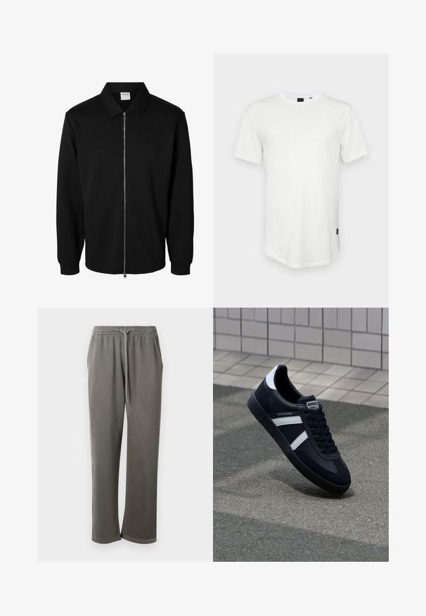 Schwarze langärmlige Jacke mit Reißverschluss und Kragen, vorderem Metallreißverschluss und gerippten Bündchen, auf weißem Hintergrund dargestellt.; Weißes T-Shirt mit kurzen Ärmeln aus Baumwolle, mit Rundhalsausschnitt und einem leicht verlängerten Rückenteil, sowie einem kleinen Logo-Akzent an der Seite.; Graue Baumwoll-Sweatpants mit elastischem Bund und Kordelzug, seitlichen Taschen und einer lockeren Passform über die Beine.; Schwarze Leder-Sneaker mit weißen Streifen, strukturiertem Gummisohle und Schnürung. Verfügt über ein Markenetikett auf der Zunge.