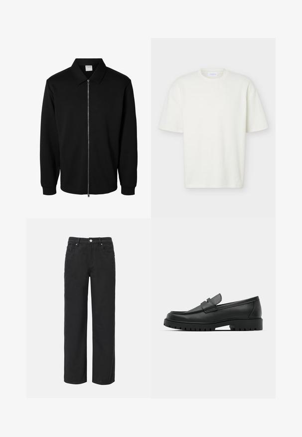 Schwarze langärmlige Jacke mit Reißverschluss und Kragen, vorderem Metallreißverschluss und gerippten Bündchen, auf weißem Hintergrund dargestellt.; Weißes kurzärmeliges, strukturiertes T-Shirt mit Rundhalsausschnitt, regulärer Passform und kleinem Markenlabel innen im Kragen.; Schwarze weit geschnittene Baumwollhosen mit vier Taschen, Frontknopfverschluss und klassischem Jeansdesign. Glatte Textur, ohne sichtbare Muster.; Schwarze Lederloafer mit runder Zehenform, ausgestattet mit einem gesteppten Design, niedrigem Plattformsohle und einer strukturierten, genoppten Gummisohle.