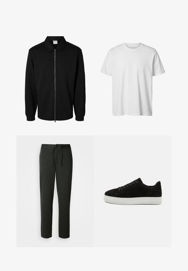 Chaqueta negra de manga larga con cremallera y cuello, cremallera metálica frontal y puños acanalados, mostrada sobre fondo blanco.; Camiseta blanca lisa de manga corta con cuello redondo, corte holgado y sin logos o diseños visibles en el frente.; Pantalones de chándal gris oscuro hechos de una suave mezcla de algodón. Presentan una cinturilla elástica con cordón y bolsillos laterales. Diseño de pierna recta.; Zapatillas de ante negro con suela de goma blanca, punta redonda y cordones negros. Textura suave con un diseño minimalista y sin patrones visibles.