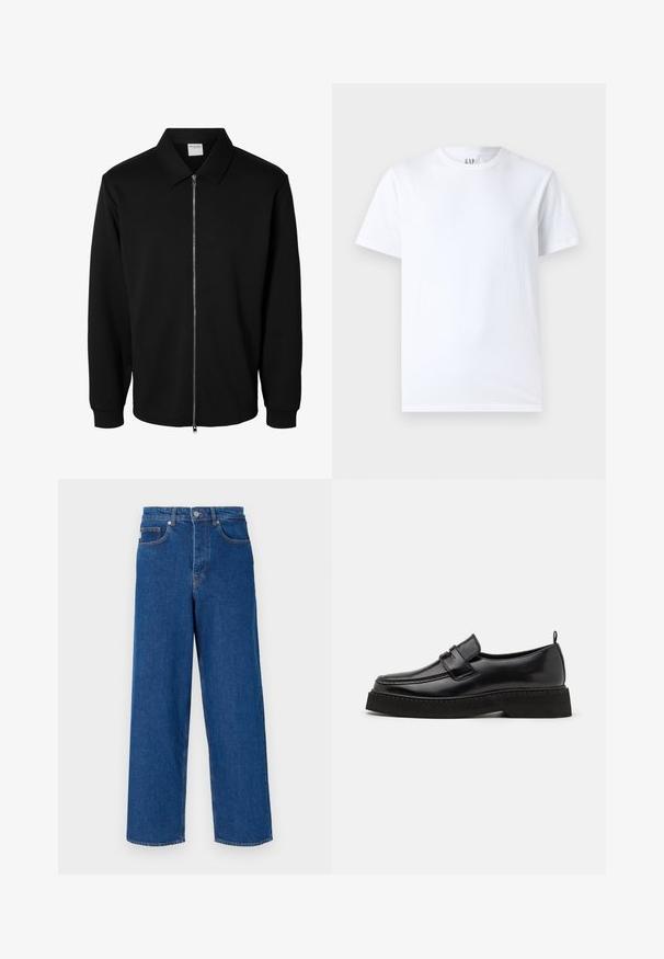 Veste noire à manches longues avec fermeture éclair, col, zip métallique à l'avant et poignets côtelés, présentée sur fond blanc.; T-shirt en coton blanc avec un col rond et des manches courtes. Design simple sans motifs ni graphiques, avec le logo GAP sur le col.; Jean bleu large en denim, avec une taille haute, une conception à cinq poches et des coutures contrastées le long des coutures et des poches.; Chaussures en cuir noir de style mocassin avec une semelle plate et texturée, présentant un bout piqué et une sangle traversant le cou-de-pied.