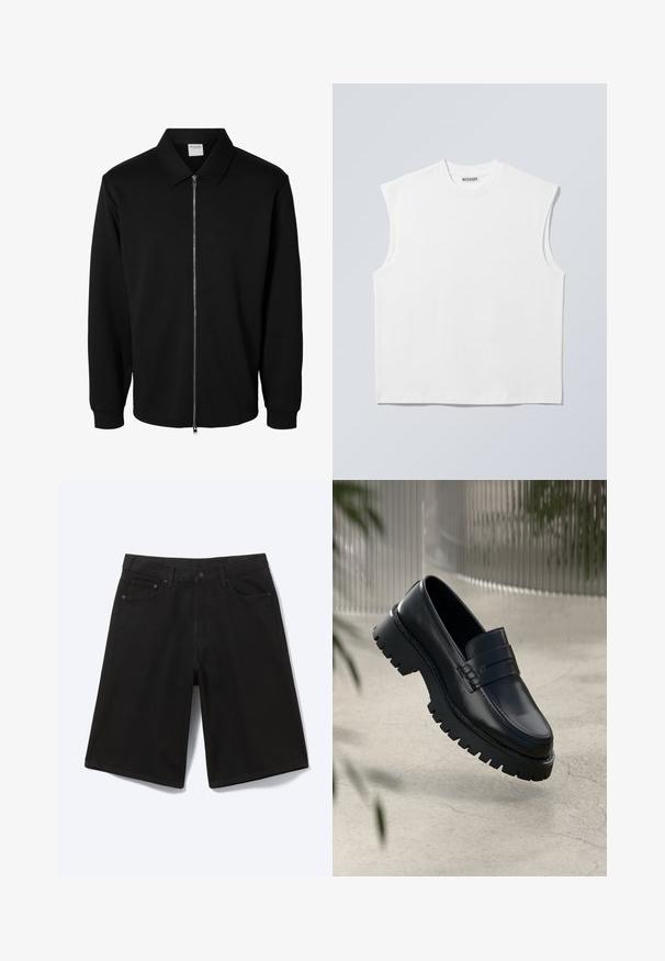Musta vetoketjullinen pitkähiha jacket, jossa kaulus, etumainen metallivetoketju ja ribbikäänteet, valkoisella taustalla esitetty.; Valkoinen, hiaton puuvillapaita pyöreällä pääntiellä ja muotoilluilla harteilla, jossa kauluksella "WEEKDAY"-merkintä, esillä vaaleanharmaalla taustalla.; Mustat polvenmittaiset farkkushortsit, joissa edessä nappi, vyölenkit ja viisi taskua, valkoista taustaa vasten.; Mustat nahka loaferit, joissa on paksu pohja, koristeellinen nauha ja ompelu yksityiskohtana. Liukas pinta kiiltävällä viimeistelyllä.
