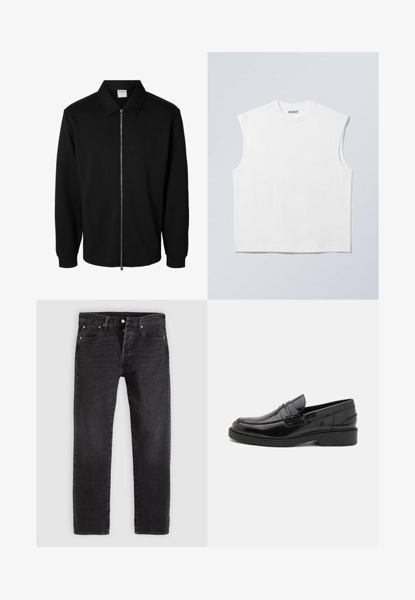 Schwarze langärmlige Jacke mit Reißverschluss und Kragen, vorderem Metallreißverschluss und gerippten Bündchen, auf weißem Hintergrund dargestellt.; Weißes ärmelloses Baumwolltop mit Rundhalsausschnitt und strukturierten Schultern, mit "WEEKDAY" auf dem Kragenetikett versehen, vor hellgrauem Hintergrund dargestellt.; Schwarze Denim-Jeans mit geradem Schnitt, ausgestattet mit zwei Fronttaschen, einer Münztasche und Metallnieten. Klassisches Fünf-Taschen-Design.; Schwarze Lederloafers mit glatter Oberfläche, abgerundetem Zehenbereich, niedrigem Absatz und dekorativer Naht entlang der Vorderseite. Gummisohle für guten Halt.