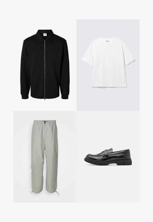 Chaqueta negra de manga larga con cremallera y cuello, cremallera metálica frontal y puños acanalados, mostrada sobre fondo blanco.; Camiseta blanca de gran tamaño con mangas cortas, cuello redondo y hombros caídos, plana sobre fondo gris claro.; Pantalones ligeros de color gris claro, con cintura elástica, cordón ajustable y bolsillos laterales. Tienen un corte relajado y puños ajustados.; Mocasin de cuero negro con una cinta ancha en el empeine, suela de goma con tacos gruesos y textura suave. Diseño clásico y elegante.