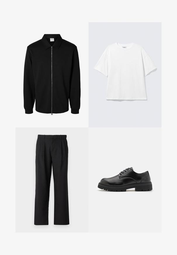 Chaqueta negra de manga larga con cremallera y cuello, cremallera metálica frontal y puños acanalados, mostrada sobre fondo blanco.; Camiseta blanca de gran tamaño con mangas cortas, cuello redondo y hombros caídos, plana sobre fondo gris claro.; Jack & Jones Classic Wide Leg Fit - Pantalones - black; Zapatos de cuero negro con punta redondeada, diseño con cordones y una suela de goma gruesa y texturizada. Presentan costuras a lo largo del borde y un acabado suave.