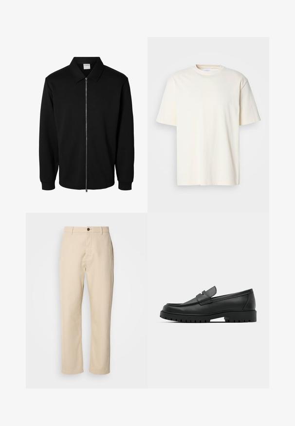 Zwarte jas met lange mouwen, rits en kraag, metalen rits aan de voorkant en geribde manchetten, weergegeven op een witte achtergrond.; Effen off-white T-shirt met korte mouwen en ronde hals, unisex ontwerp, weergegeven op een neutrale grijze achtergrond.; Beige katoenen broek met rechte benen, een sluiting met een voorste knoop, zijzakken en een soepele textuur. Minimalistisch ontwerp, zonder zichtbare patronen.; Zwarte leren instappers met een ronde neus, voorzien van een gestikt ontwerp, een lage platformzool en een gestructureerde, grof rubberen buitenzool.