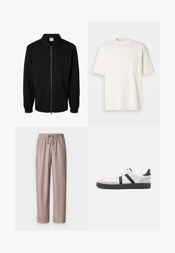 Veste noire à manches longues avec fermeture éclair, col, zip métallique à l'avant et poignets côtelés, présentée sur fond blanc.; T-shirt uni à col rond, à manches courtes, de couleur blanc cassé, design unisexe, présenté sur un fond gris neutre.; Pantalons en drawstring marron clair avec une texture côtelée, une taille élastique et des poches latérales. Coupe ample avec des jambes droites.; Baskets blanches avec des accents noirs et gris, présentant un embout texturé gris, une semelle en caoutchouc noir et des lacets plats blancs. Design épuré, style minimaliste.