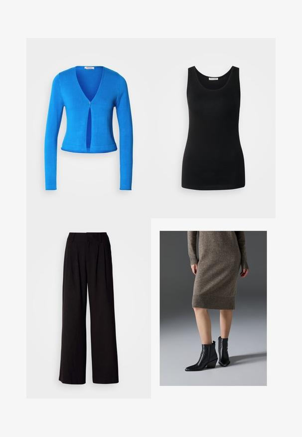 Blauer Langarm-Cardigan mit tiefem V-Ausschnitt und einem einzigen Knopfverschluss, mit figurbetontem Design und glattem, leichtem Stoff.; Schwarzes ärmelloses Tanktop, aus glattem Stoff, mit klassischem Rundhalsausschnitt und tailliertem Schnitt. Keine Muster oder Akzente.; Schwarze weit geschnittene Hosen aus glattem Stoff, mit Falten an der Vorderseite, einem taillierten Bund und ohne sichtbare Muster oder Akzente.; Schwarze Lederstiefeletten mit einer spitzen Zehe, einem klobigen Absatz und Zickzack-Stitching-Details, kombiniert mit einem gerippten, braunen Strickkleid.