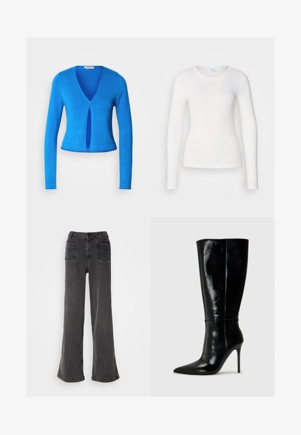 Cárdigan azul de manga larga con escote en V profundo y cierre de un solo botón, que presenta un diseño ajustado y una tela suave y ligera.; Camisa blanca de manga larga hecha de una tela suave y lisa; presenta un cuello redondo y una forma ajustada, sin patrones ni adornos.; Jeans negros de tiro alto y pierna ancha, hechos de denim, con cierre de botones, presillas para cinturón y dos bolsillos traseros con detalles de costura.; Botas de cuero negro hasta la rodilla con punta afilada y tacón alto de aguja. Textura suave y diseño elegante, con detalles mínimos.