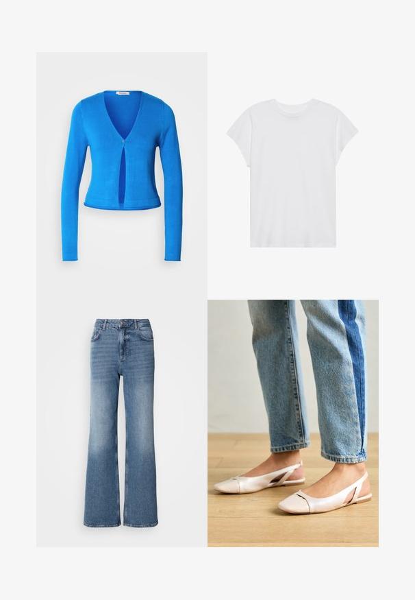 Cárdigan azul de manga larga con escote en V profundo y cierre de un solo botón, que presenta un diseño ajustado y una tela suave y ligera.; Camiseta blanca de manga corta con cuello redondo, corte relajado, hecha de suave tela de algodón. Textura lisa, sin estampados ni logotipos.; Mos Mosh MAI - Vaqueros rectos - blue wash; Bailarinas de color rosa pálido con tiras traseras y punta puntiaguda, fabricadas con un material similar al cuero suave. Presentan detalles recortados en los laterales y un tacón plano.