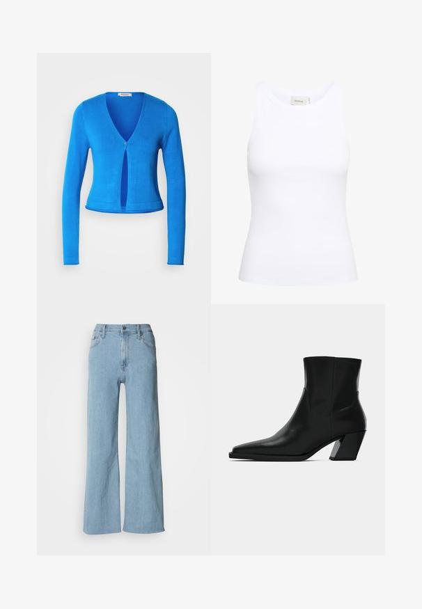 Blauer Langarm-Cardigan mit tiefem V-Ausschnitt und einem einzigen Knopfverschluss, mit figurbetontem Design und glattem, leichtem Stoff.; Weißes, geripptes Tanktop mit Rundhalsausschnitt und ohne Ärmel. Elastisches Material und figurbetontes Design. Das Etikett auf der Rückseite trägt die Aufschrift "GESTUZ."; Hellblaue weite Jeans aus Denim, mit einer enganliegenden Taille, Fünf-Taschen-Design und dezenten Nähdetails.; Schwarze Leder-Stiefelette mit spitzem Zeh, schlanker Silhouette und klobigem quadratischem Absatz. Glatte Textur mit minimalen Nähdetails.