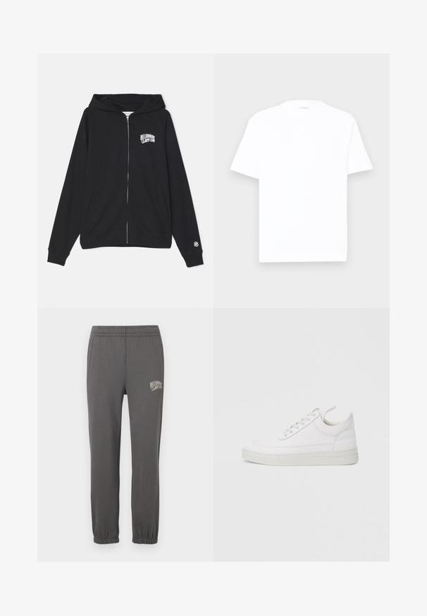 Schwarze Reißverschluss-Hoodie aus Baumwollmischung mit Kängurutasche, verstellbare Kapuze und Logo auf der Vorderseite. Weicher Stoff und gerippte Bündchen.; Weißes Baumwoll-T-Shirt mit Rundhalsausschnitt, kurzen Ärmeln und lässiger Passform. Glatte Textur, minimale Details und ohne Muster oder Grafiken.; Graue Jogginghose mit elastischem Bund, schmal zulaufenden Bündchen und einem kleinen weißen Logo mit der Aufschrift "Billionaire Boy Club" am linken Oberschenkel.; Weißer Ledersneaker mit abgerundetem Zehenbereich, flacher Sohle und Schnürverschluss. Verfügt über Nahtdetails und einen gepolsterten Kragen für zusätzlichen Komfort.