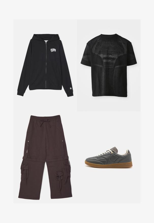 Schwarze Reißverschluss-Hoodie aus Baumwollmischung mit Kängurutasche, verstellbare Kapuze und Logo auf der Vorderseite. Weicher Stoff und gerippte Bündchen.; Schwarz, kurzärmliges Sport-T-Shirt mit strukturiertem Muster und dezentem "MISBHV SPORT"-Text auf der Vorderseite.; Braune Sweatpants mit einem elastischen Bund, verstellbarem Zugband, zwei seitlichen Reißverschlusstaschen und Cargo-Stil Akzenten mit Bindebändern.; Dunkelgrauer Ledersneaker mit runder Zehenpartie, weißen Schnürsenkeln, brauner Gummisohle und dezenten grauen Stoffakzenten am Kragen. Goldenes Logo-Detail.