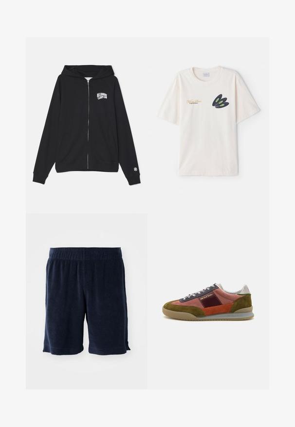 Sort zip-up hættejakke lavet af en blanding af bomuld, med en kengurulomme, snoretræk i hætten og frontlogo. Blød tekstur og ribbede mansjetter.; Cremefarvet bomulds t-shirt med et mørkt vinylplade grafik med grønne accenter og guldtekst på forsiden. Korte ærmer, rund hals.; Marineblå frottéshorts med elastisk talje, knælangde og sidelommer. Blød tekstur og enkelt design.; PS Paul Smith DOVER - Sneakers - pink