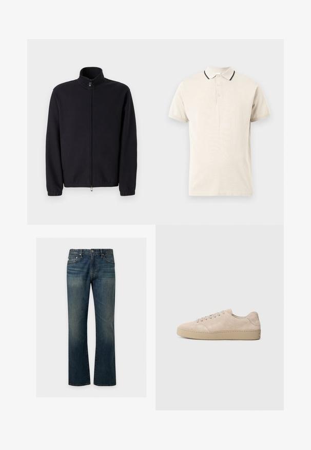 Veste noire zippée en tissu texturé, dotée d'un col montant et de poignets élastiques, avec une coupe droite et sans décorations visibles.; Polo beige à manches courtes avec trois boutons et un col orné d'une fine bande noire.; Jean en denim bleu à coupe droite avec cinq poches et des détails subtilement délavés sur les cuisses et les genoux, présenté sur un fond uni.; Baskets en daim beige avec un bout rond, des lacets plats et une semelle en caoutchouc texturé. Design minimaliste avec des bords lisses et des coutures discrètes.