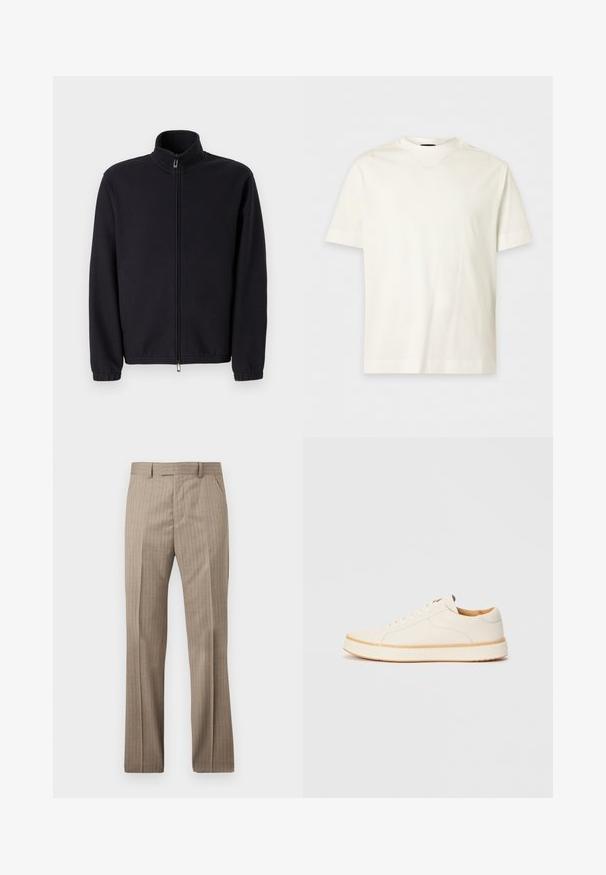 Veste noire zippée en tissu texturé, dotée d'un col montant et de poignets élastiques, avec une coupe droite et sans décorations visibles.; T-shirt blanc uni en coton à manches courtes avec col rond et logo en relief discret sur le côté gauche de la poitrine.; Pantalon beige pour homme, tailleur, avec de fines rayures verticales, passants pour ceinture et fermeture à glissière à l'avant.; Baskets en cuir blanc avec un bout rond, design simple à lacets, semelle intérieure rembourrée et semelle en caoutchouc beige contrastante. Texture lisse sur l'ensemble.