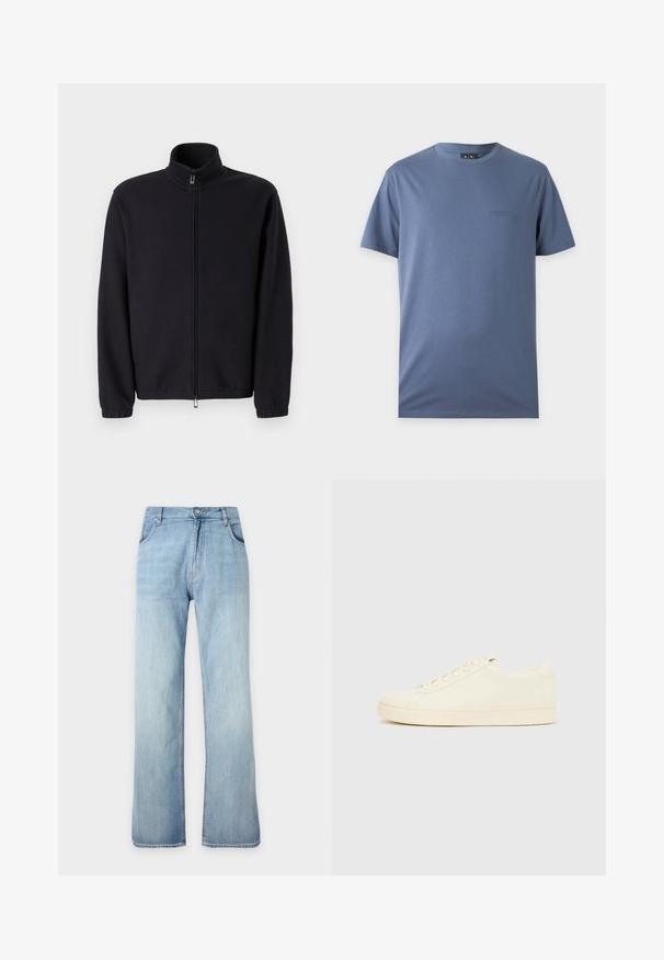 Veste noire zippée en tissu texturé, dotée d'un col montant et de poignets élastiques, avec une coupe droite et sans décorations visibles.; T-shirt bleu uni à manches courtes avec col rond et petit logo brodé discret sur la poitrine gauche.; Jean denim bleu clair à coupe droite avec fermeture avant à boutons et zip, poches avant et passants de ceinture, présenté sur un fond uni.; Baskets couleur crème avec une tige en cuir lisse, bout arrondi, laçage à l'avant et semelle en caoutchouc texturée. Design minimaliste, sans logo.