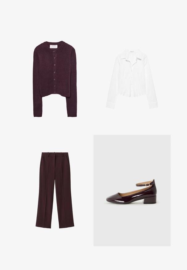 Cardigan bourgogne au design court, avec un col rond et sept boutons sur le devant. Tissu en tricot texturé doux.; Chemise blanche à manches longues avec col, taille légèrement cintrée et poignets boutonnés, présentée sur fond blanc.; Pantalon bordeaux à jambes larges en tissu lisse, avec plis devant, deux poches latérales et une ceinture plate.; Chaussure à talon bordeaux brillant avec un bout arrondi et une sangle à la cheville, posée sur un fond uni.