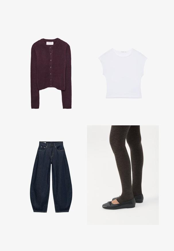 Cardigan bourgogne au design court, avec un col rond et sept boutons sur le devant. Tissu en tricot texturé doux.; T-shirt court blanc à manches courtes avec col rond, en tissu lisse, posé à plat sur un fond blanc.; Jean en denim bleu foncé à jambes larges avec poches avant, passants de ceinture et fermeture par bouton à la taille.; Jambes portant des leggings côtelés foncés associés à des ballerines noires avec de petits détails en nœud sur fond blanc.
