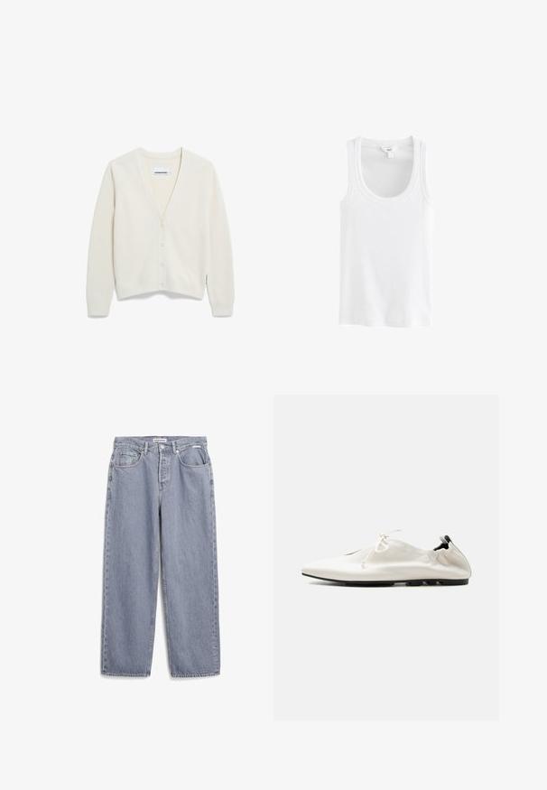 Crème-kleurige cardigan van zacht materiaal, met een V-hals, geribbelde structuur, vijf knopen aan de voorkant en lange mouwen.; Witte tanktop gemaakt van geribd katoen, met een ronde hals en brede schouderbanden, zonder zichtbare patronen of accenten.; Lichtblauwe rechte jeans, gemaakt van denim. Beschikt over een klassiek vijf-pocket ontwerp, zichtbare stiksels en een gestructureerde afwerking.; Witte minimalistische leren instapschoen met ingestoken hiel, vetersluiting en dunne zwarte zool op een effen achtergrond.