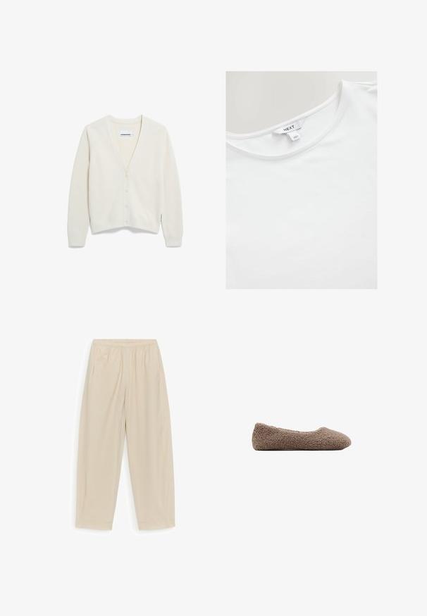 Ecrufarbener Cardigan aus weichem Material, mit V-Ausschnitt, gerippter Textur, fünf Knöpfen auf der Vorderseite und langen Ärmeln.; Weißes T-Shirt mit kurzen Ärmeln aus weicher Baumwolle, das einen runden Ausschnitt und ein Etikett mit "NEXT" auf der inneren Rückseite hat.; Beige elastische Bund gerade geschnittene Hose mit Seitentaschen, aus leichtem Stoff, geeignet für den Alltag.; Braune, mit Fleece gefütterte Ballerina mit abgerundeter Zehenpartie. Sanfte Textur und nahtloses Design, das eine flache Silhouette aufweist. Keine sichtbaren Beschläge.