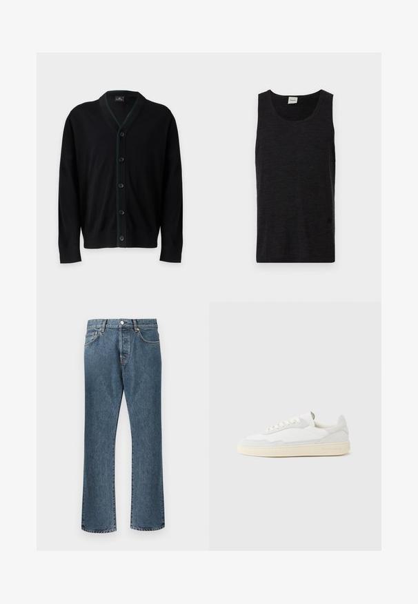 PS Paul Smith MENS CARDIGAN BUTTON - Gilet - black; Débardeur noir sans manches en matériau texturé. Doté d'un col rond et d'un accent logo discret près de l'ourlet. Design simple.; Jean en denim bleu avec une coupe droite, dotés d'une fermeture classique à bouton et à glissière, de cinq poches et d’un léger délavage.; Baskets blanches avec dessus en daim et cuir texturé. Caractérisées par un bout arrondi, une fermeture à lacets et une semelle en caoutchouc beige contrastante.
