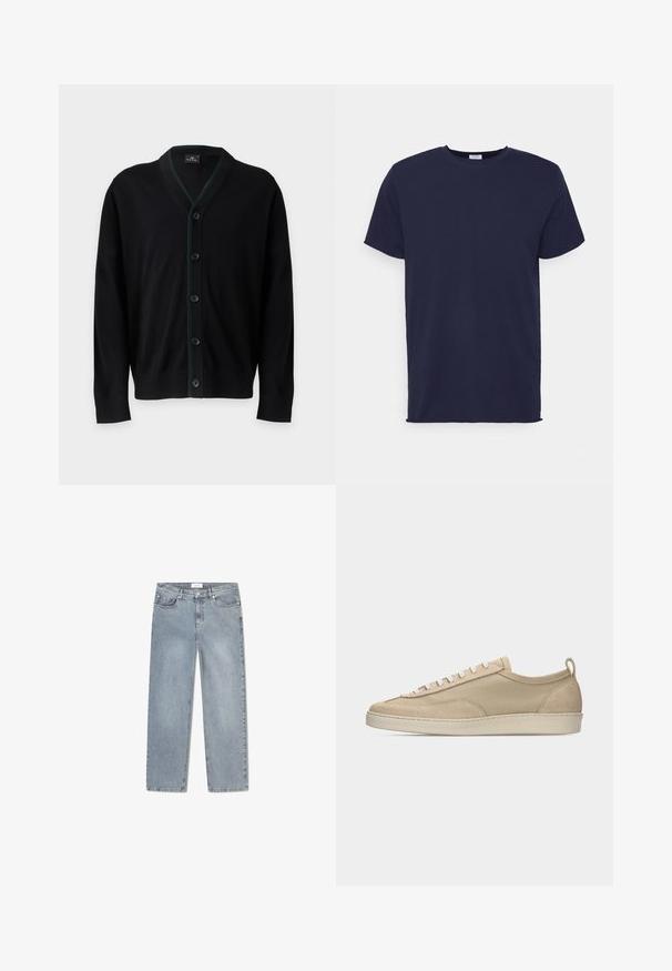 PS Paul Smith MENS CARDIGAN BUTTON - Gilet - black; T-shirt bleu marine à manches courtes fabriqué en tissu doux. Présente un col rond et une coupe droite sans motifs ni accents.; Jean en denim bleu clair avec une coupe droite, un design à cinq poches et une finition délavée. Comprend une fermeture avec bouton et zip.; Baskets beige basses avec tige en tissu et daim, lacets blancs, semelle en caoutchouc et languette à l'arrière, présentées en profil latéral sur fond blanc.