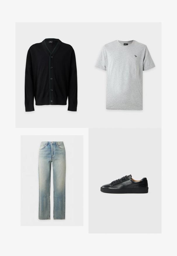 PS Paul Smith MENS CARDIGAN BUTTON - Gilet - black; T-shirt gris clair à manches courtes avec un petit logo zèbre multicolore sur la poitrine gauche et un col rond.; Jean en denim délavé bleu clair avec coupe droite, fermeture à boutons et zip sur le devant, et design cinq poches.; Baskets en cuir noir avec une texture lisse, bout rond et fermeture à lacets. Comprend une semelle en caoutchouc épaisse et un minimum de détails de marque.