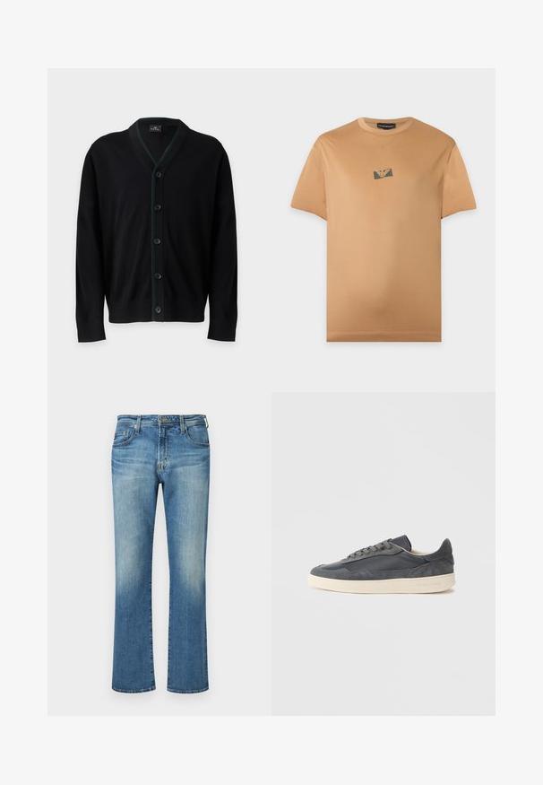 PS Paul Smith MENS CARDIGAN BUTTON - Gilet - black; T-shirt marron clair à manches courtes avec un petit logo noir et or centré sur la poitrine sur un fond clair uni.; Pantalon en denim bleu, design à jambe droite avec un délavage, présentant un style classique à cinq poches et des accents en métal.; Baskets gris foncé en cuir et daim avec une conception basse, dotées d'une semelle en caoutchouc de couleur crème et de lacets plats.
