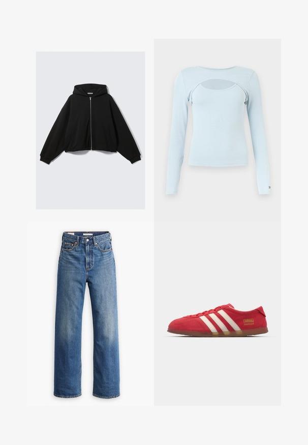 Sweat-shirt à capuche noir avec fermeture éclair complète, coupe ample, manches longues, poches latérales et poignets côtelés. Confectionné en tissu doux et texturé.; Haut bleu clair à manches longues avec un col rond et une découpe horizontale au niveau de la poitrine.; Jean en denim bleu clair avec une taille haute, une coupe à jambes larges, un style classique à cinq poches et un léger délavage sur le tissu.; Baskets en daim rouge avec un design à trois rayures blanches, semelle plate et détail logo doré. Design bas avec bout arrondi et fermeture à lacets.