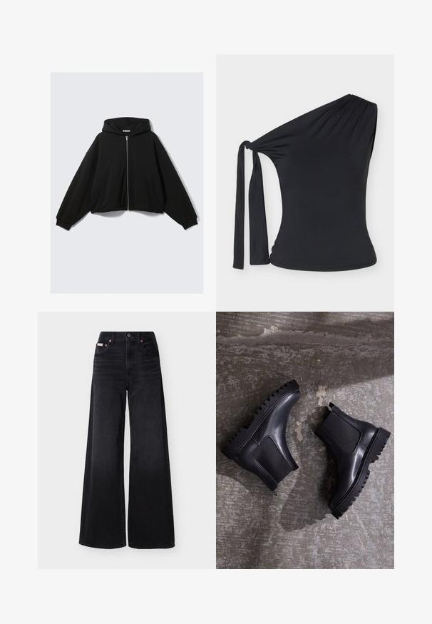 Sweat-shirt à capuche noir avec fermeture éclair complète, coupe ample, manches longues, poches latérales et poignets côtelés. Confectionné en tissu doux et texturé.; Haut noir asymétrique avec découpe latérale et longue attache en tissu sur l'épaule, style ajusté en matière extensible.; Jean noir à jambes larges avec taille haute, fermeture avant par boutons et fermeture éclair, passants pour ceinture, et design à cinq poches.; Bottines noires à semelle épaisse, avec des panneaux élastiques et une finition en cuir lisse. Semelle extérieure striée bien visible et silhouette élégante.