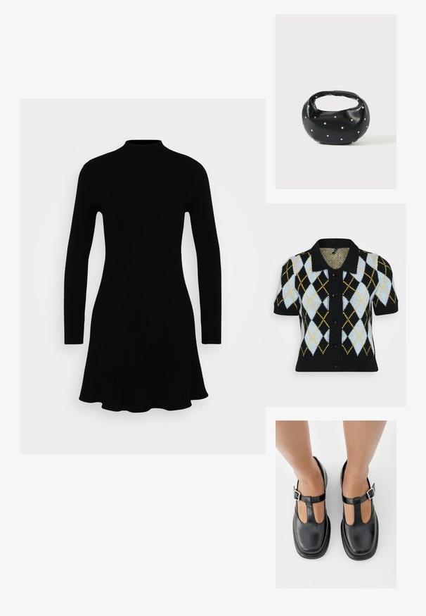 Cárdigan corto negro de manga corta que presenta un patrón de rombos en azul claro, blanco, negro y amarillo. Con cierre de botones en la parte delantera y un cuello. Tejido de punto texturizado.; Vestido negro acanalado con cuello alto y mangas largas. El dobladillo acampanado crea una silueta fluida. Textura suave en todo el vestido.; Zapatos de cuero negro con diseño de correa en T, punta cerrada y detalles de hebilla plateada. Textura lisa con punta redondeada y suela plana.; Bolso de mano de cuero negro con forma redondeada, decorado con detalles de tachuelas plateadas y un asa corta. Textura lisa y cierre con cremallera.