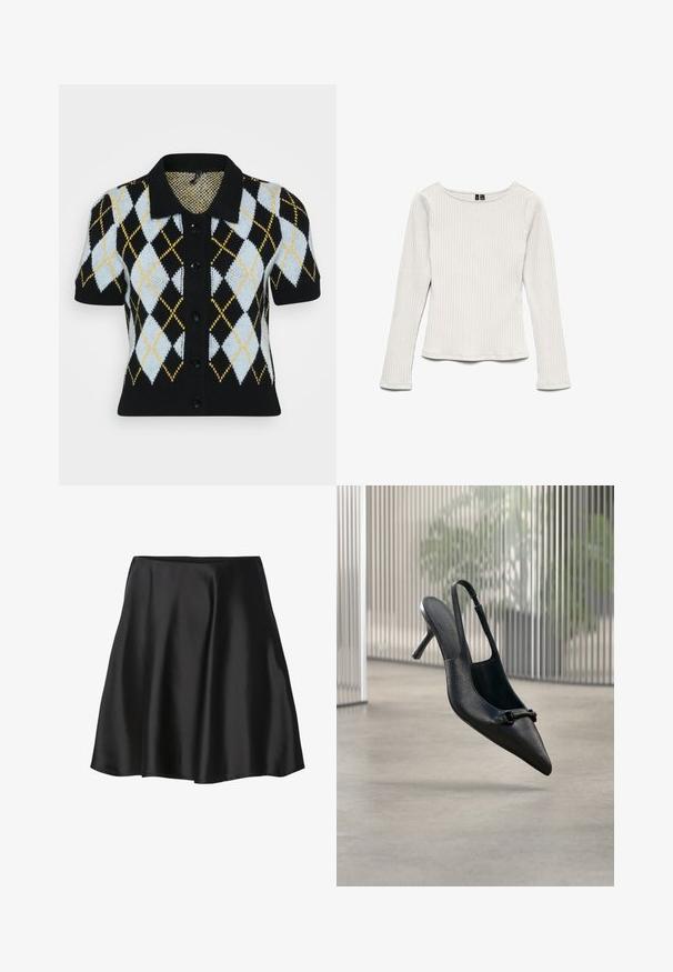 Schwarze Kurzarm-Cardigan mit einem Argyle-Muster in Hellblau, Weiß, Schwarz und Gelb. Knopfleiste vorne mit Kragen. Strukturiertes Strickgewebe.; Weißes, geripptes Langarmshirt mit rundem Ausschnitt, figurbetonter Silhouette und leicht ausgestelltem Saum, dargestellt vor weißem Hintergrund.; Schwarzer Satinstrock mit weit ausgestelltem Schnitt, der eine glatte Textur und eine einfarbige Optik aufweist. Der elastische Bund sorgt für einen bequemen Sitz.; Schwarzer, strukturierter Leder-Slingback-Hochschuh mit spitzer Spitze und einer kleinen dekorativen Schnalle, der über einem glatten Boden zu schweben scheint.