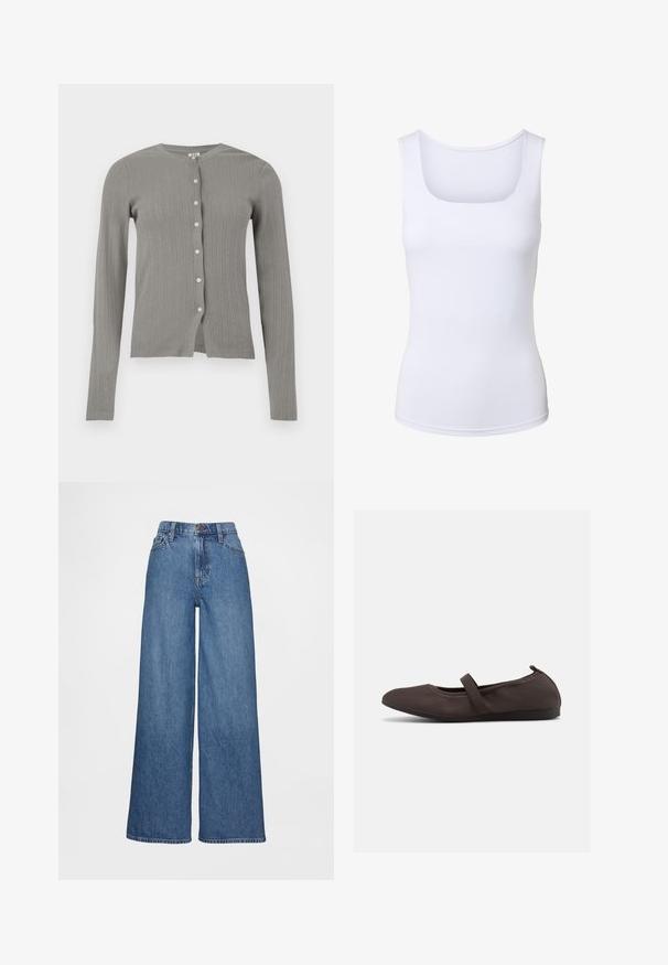 Cardigan tricoté gris clair à manches longues avec texture côtelée verticale et six boutons blancs sur le devant.; Débardeur blanc sans manches avec un col carré, une silhouette ajustée et une texture de tissu lisse.; Jean à jambes larges en denim bleu moyen, présentant une taille haute, des passants pour ceinture et une fermeture à bouton. Texture lisse avec des détails de couture minimaux.; Ballerine marron avec bride élastique et bout arrondi, présentée sur fond blanc, vue de côté.