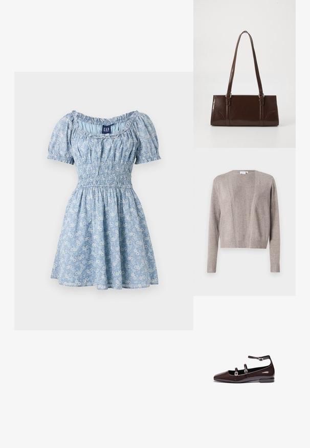 Lys beige cardigan lavet af blødt stof, med en cropped længde, åben front design, lange ærmer og ribbede manchetter.; Lyseblå, kortærmet blomsterkjole med smocktalje, firkantet udskæring og mønster af små hvide blomster, mærket GAP.; Brune patentlæder flade sko med spids tå, der har to justerbare stropper og sølvspænder samt en lav, firkantet hæl.; Brun lakeret håndtaske med rektangulær form, to lange håndtag og subtile buede detaljer på fronten.