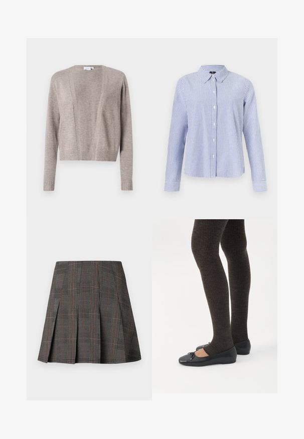 Lys beige cardigan lavet af blødt stof, med en cropped længde, åben front design, lange ærmer og ribbede manchetter.; Langærmet skjorte med knapper med hvide og lyseblå lodrette striber og en spids krave vist på en ensfarvet baggrund.; Gråternet nederdel med plisseringer, prydet med intrikate mønstre i sort og hvid, akkompagneret af tynde røde linjer. Fremstillet af et struktureret stof.; Ben iført mørke ribbede leggings kombineret med sorte balletsko med små sløjfedetaljer på hvid baggrund.