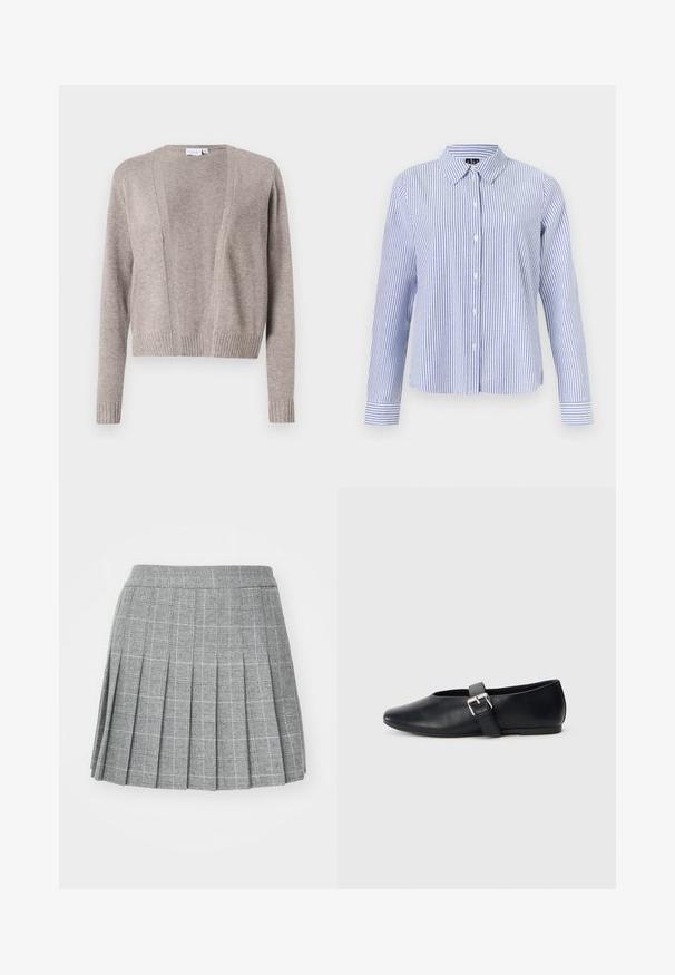 Cárdigan de color beige claro hecho de un tejido suave, con un diseño de largo corto, frente abierto, mangas largas y puños acanalados.; Camisa de manga larga con botones, con rayas verticales blancas y azul claro y cuello puntiagudo, mostrada sobre un fondo liso.; Falda plisada en tela gris con un patrón de cuadros. Presenta una pretina ajustada y múltiples pliegues verticales para un aspecto estructurado.; Zapatos planos de cuero negro con un diseño de punta redondeada, que presentan una correa con hebilla lateral y una textura suave. Suela de perfil bajo para un fácil uso.
