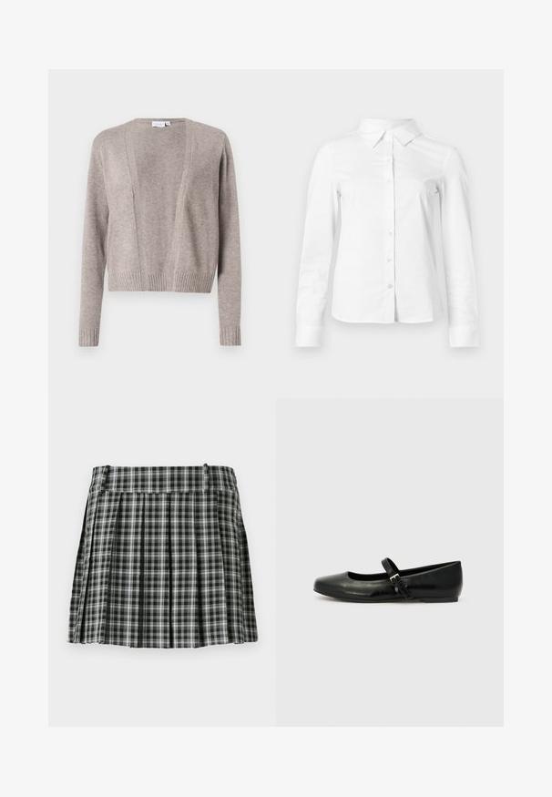 Cárdigan de color beige claro hecho de un tejido suave, con un diseño de largo corto, frente abierto, mangas largas y puños acanalados.; Camisa blanca de manga larga con botones, cuello puntiagudo, bajo recto y silueta ajustada, presentada sobre un fondo claro y liso.; Falda plisada de cuadros en blanco y negro con una cintura suave y múltiples pliegues verticales. Fabricada en un tejido ligero.; Bailarinas de cuero negro con punta redondeada, suela plana y una delgada correa ajustable en el empeine que cuenta con una hebilla de metal.