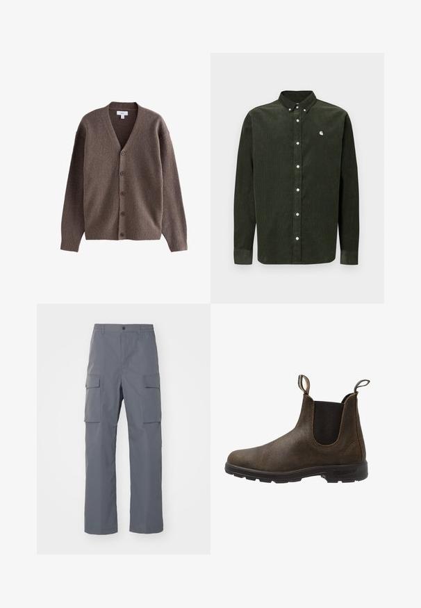 Cardigan en laine marron à boutons, col en V, poignets et ourlet côtelés, manches longues, présenté sur un fond blanc.; Chemise à manches longues en velours côtelé vert foncé avec col boutonné, boutons blancs et petit logo sur la poitrine gauche.; Pantalons cargo gris en tissu résistant. Les caractéristiques incluent une taille élastique, deux grandes poches latérales et une coupe droite.; Bottines en cuir marron avec des panneaux latéraux élastiques, des languettes de tirage et une tige texturée. La semelle Vibram présente des crampons profonds pour une traction optimale.