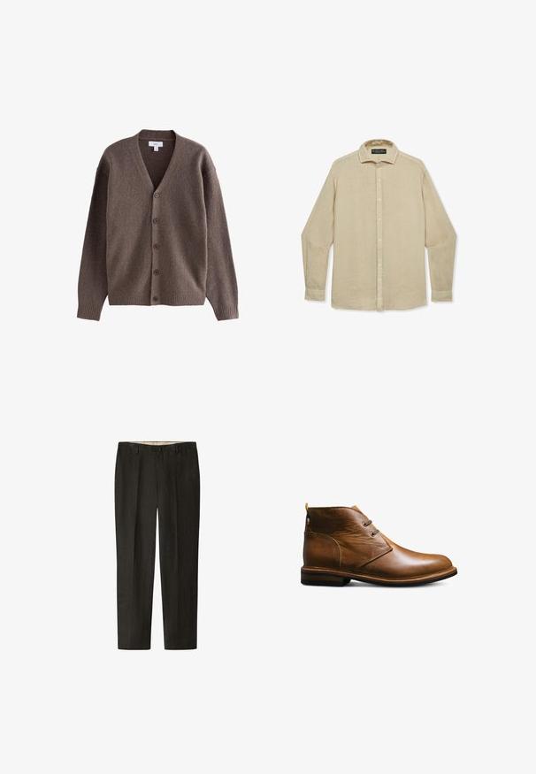 Cardigan en laine marron à boutons, col en V, poignets et ourlet côtelés, manches longues, présenté sur un fond blanc.; Chemise beige à manches longues avec col et poignets, en tissu léger, étalée à plat sur un fond blanc.; Pantalon gris foncé en tissu texturé, présentant une coupe droite, des plis sur le devant et une taille avec passants de ceinture.; Bottine en cuir marron avec deux œillets, bout rond, tirette au talon, semelle empilée et semelle extérieure en caoutchouc noir.