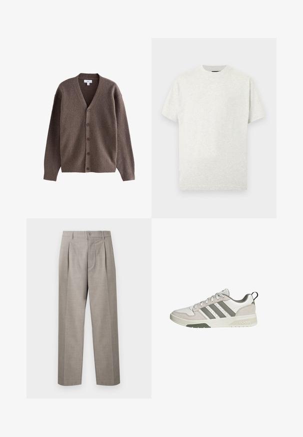 Cardigan en laine marron à boutons, col en V, poignets et ourlet côtelés, manches longues, présenté sur un fond blanc.; T-shirt en coton gris clair avec col rond, manches courtes et texture lisse. Design simple sans motifs ni accents visibles.; Pantalon droit de costume gris clair avec plis, passants pour ceinture, fermeture par bouton et braguette à glissière, présenté sur un fond uni.; Baskets Adidas blanches et grises avec lacets à l'avant, trois bandes latérales, détails en daim et semelle marquée, vue de côté sur fond blanc.