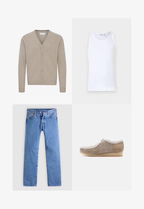 Beige cardigan lavet af blødt stof, med V-udskæring, lukning med syv knapper, ribbede manchetter og kant, med en glat tekstur.; Hvid bomulds tanktop med rund hals og brede stropper. Glat tekstur, ingen mønstre, enkelt design og mærkeetiket på halsudskæringen.; Lyseblå denimjeans med et lige ben design, fem lommer og to-knaps lynlås. Har minimal falmen og kontrastsyning.; Beige mokkasinstil lædersko med hvide kanter, snørebånd foran og beige crepe-sål, vist i sideprofil på hvid baggrund.